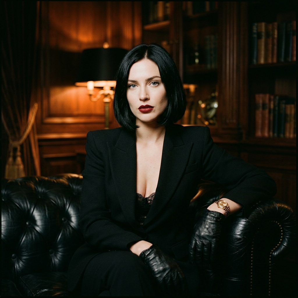Maîtresse Sloane en tailleur sur canapé chesterfield